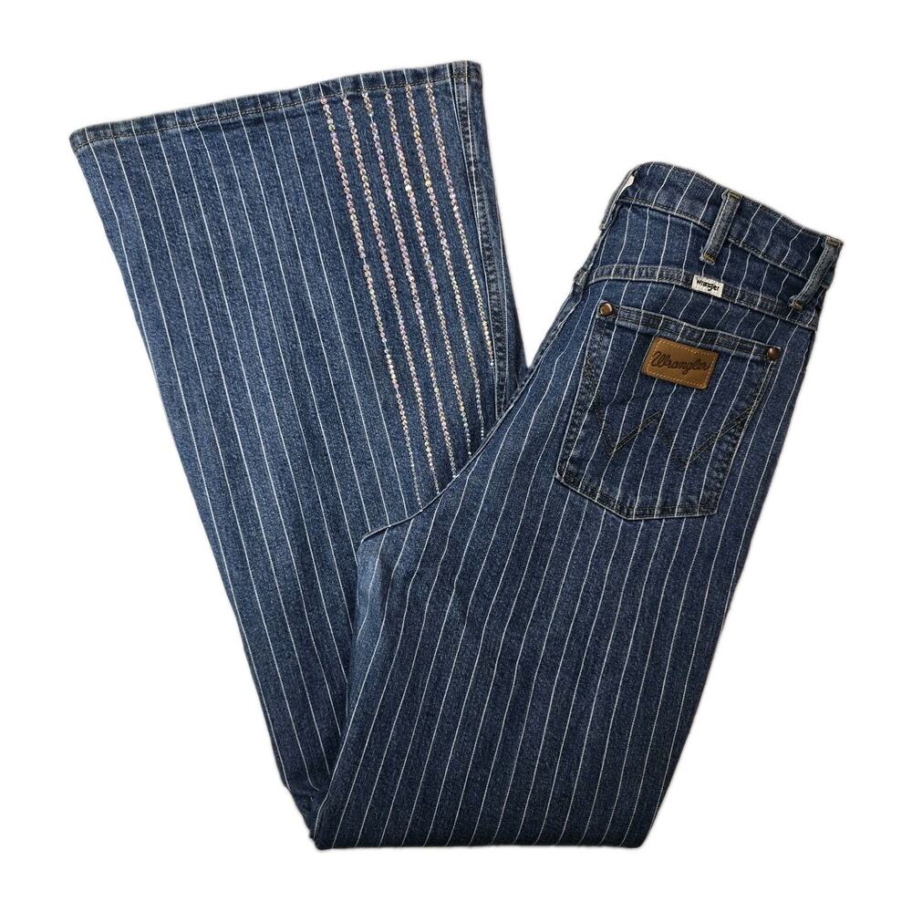 Wrangler Wanderer 622 High Rise Flare Jeans 31x34 Pinstripe Custom Rhinestone